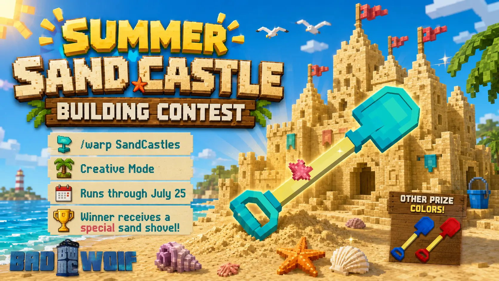 Image of a Minecraft sand castle on the beach