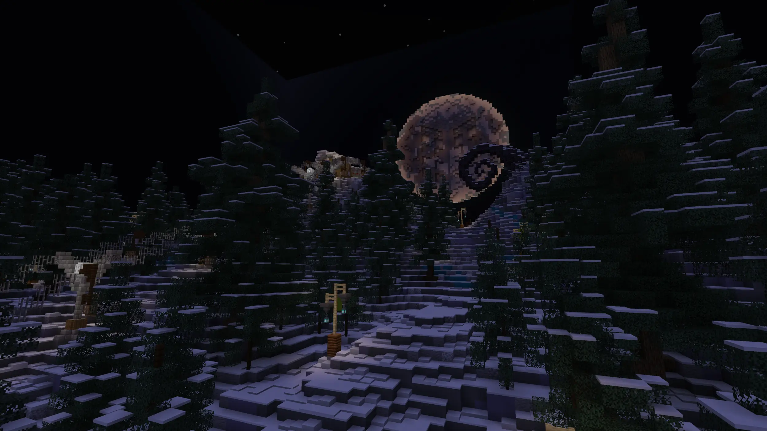A Minecraft build of frosted ski slopes with a curious curly hill in front of a full moon.