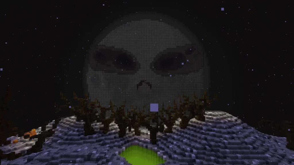 The spooky moon rises over Halloween Town on BadWolfMC: An Adult Minecraft Server