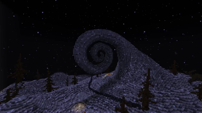 The iconic spiral hill presides over Halloween Town on BadWolfMC: An Adult Minecraft Server