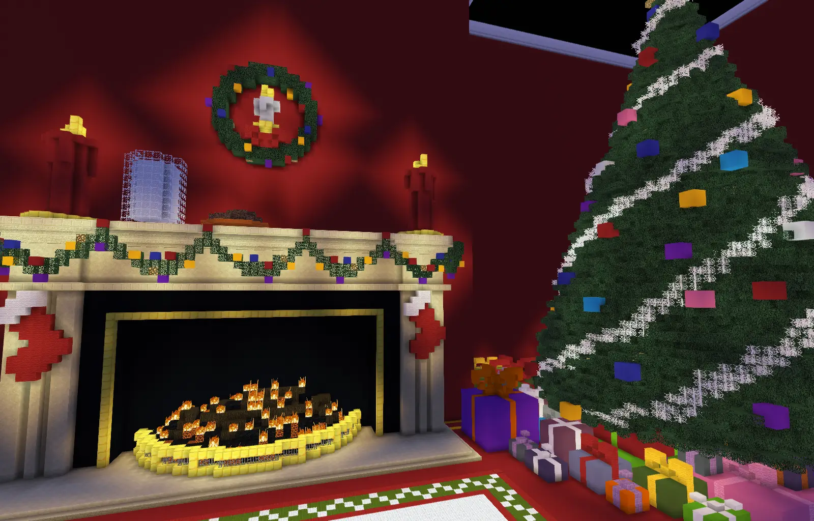 A Minecraft build of an oversized room with a huge roaring fire and towering holiday tree
