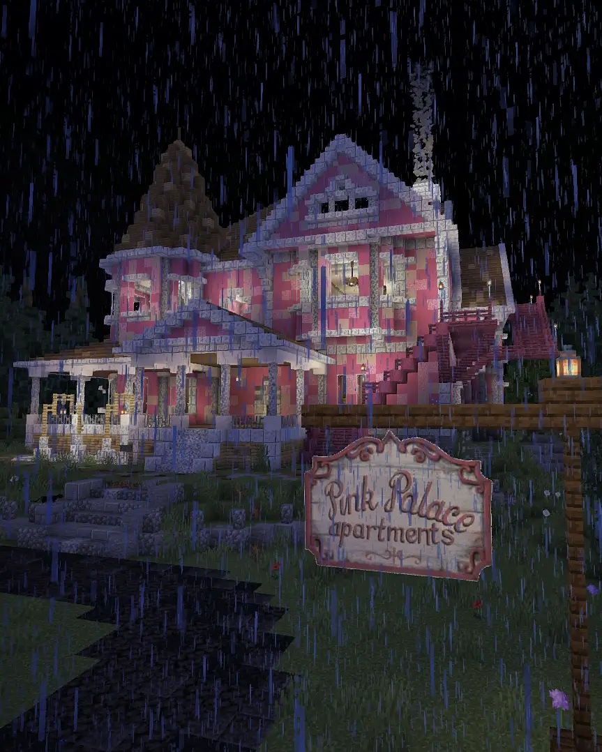 The Pink Palace Apartments from Coraline, depicted in Minecraft