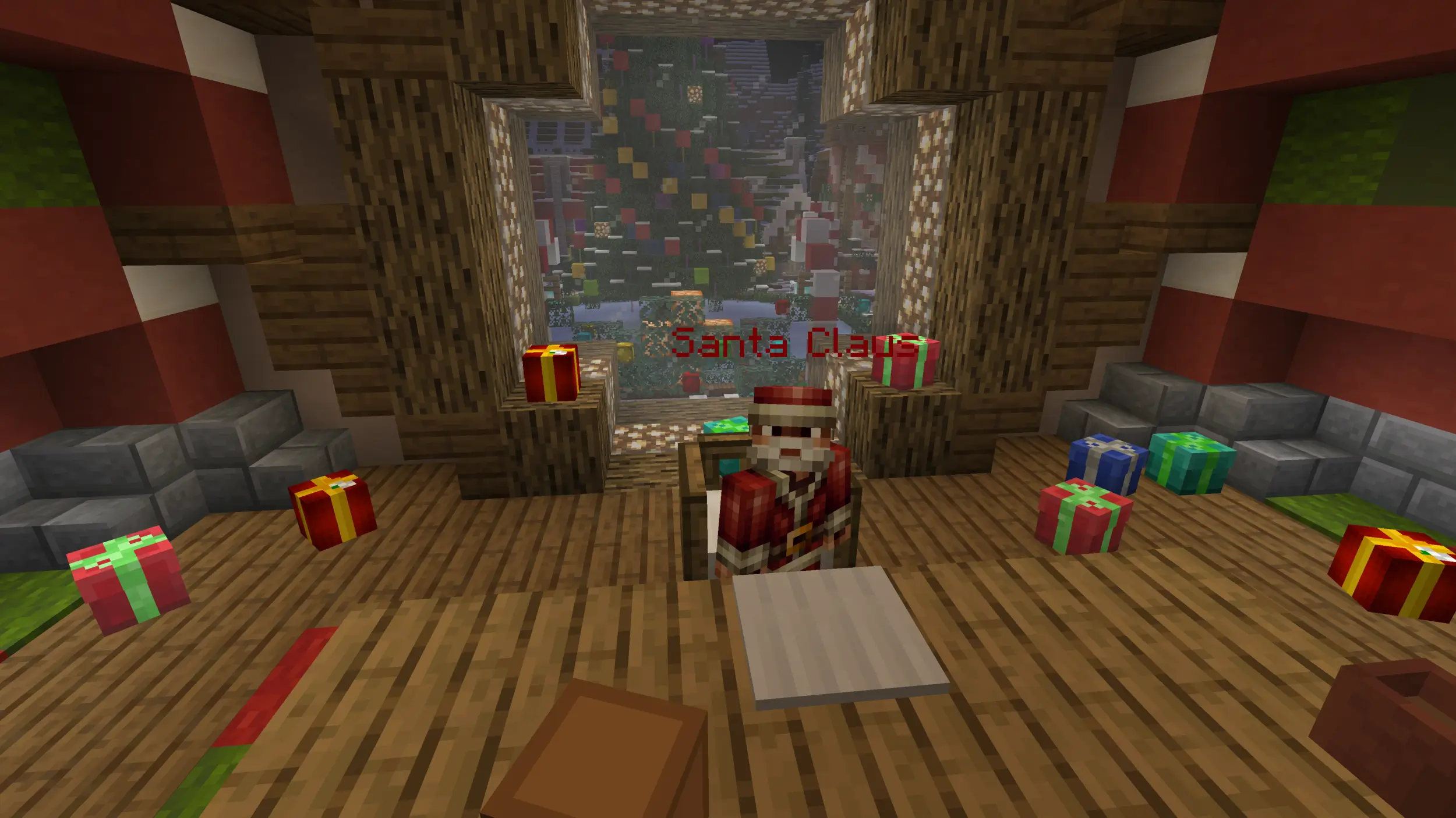 A Minecraft build depicting Santa hard at work in his workshop
