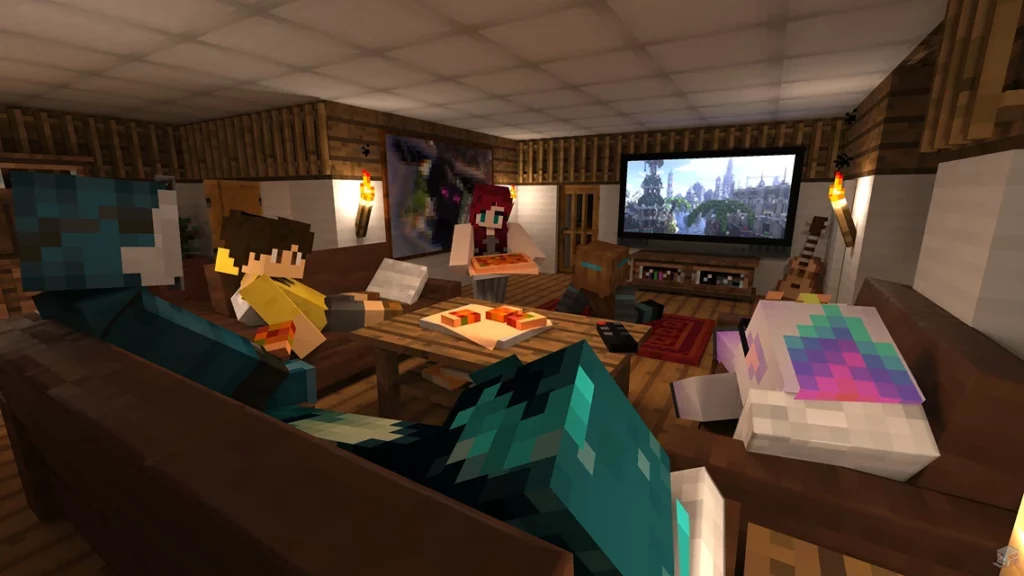 Rendering of BadWolfMC Adult Minecraft Community members having a pizza party.